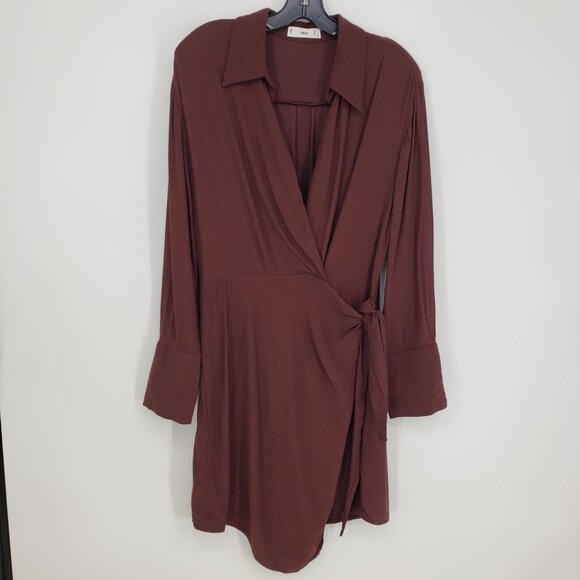 MNG Mango Bow Wrap Mini Dress 8 Long Sleeve Collared Shirt Style Brown - Picture 4 of 11
